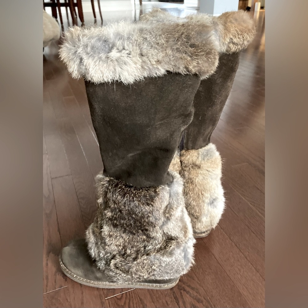 Fur boots with 3” heel (standing 17” tall), super comfortable and stylish!